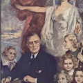FDR sits at a desk surrounded by children, one holding a crutch. A woman looks on.