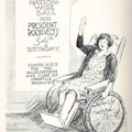 Drawing of a woman waving from a wheelchair.