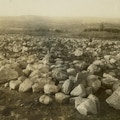 A single young man looks upon a field of recently cleared large rocks.