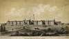 Long view of hospital from front; horse drawn carriage approaches