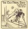 A cartoon of a man on crutches being greeted by a dog at the door.