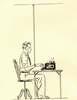 Drawing of a man typing with the help of a spring suspended from the ceiling.