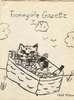 A drawn picture of a cat in a picnic basket.