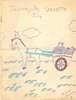 A drawing of a donkey pulling a cart of flowers.