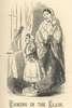 A woman watches as a girl in a bonnet looks into a mirror.