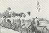 A row of men in wheelchairs before an American flag.
