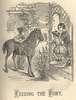 A child feeds some leaves to a pony from a porch.
