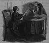 Woman sitting in chair at table reading book to three girls