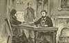 A man at a desk hands a paper to a woman.