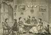 A domsetic scene, some reading, others playing chess.