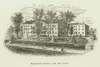 Engraving of an institutional building with trees and hedge.