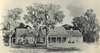 A drawing of Top Cottage, a stone building with pillars and trees in front.