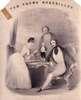 A tiny Tom Thumb stands on a table next a woman and two men.  The room is ornate.