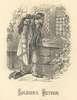 Engraving of a weary looking soldier returning to his home.