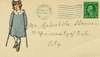 Front of postcard including a drawing of a girl in a blue dress using crutches.