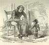 An illustration depicting an adult male lecturing Gen. Tom Thumb who is in uniform.