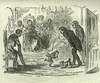 An illustration depicting Tom Thumb fending off a small dog with his cane, to the apparent amusement of an adult crowd in a parlor.