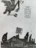 Water color of a black stork with a baby flying over a home with boarded up windows and a sign on the roof reading Black Stork Stay Off
