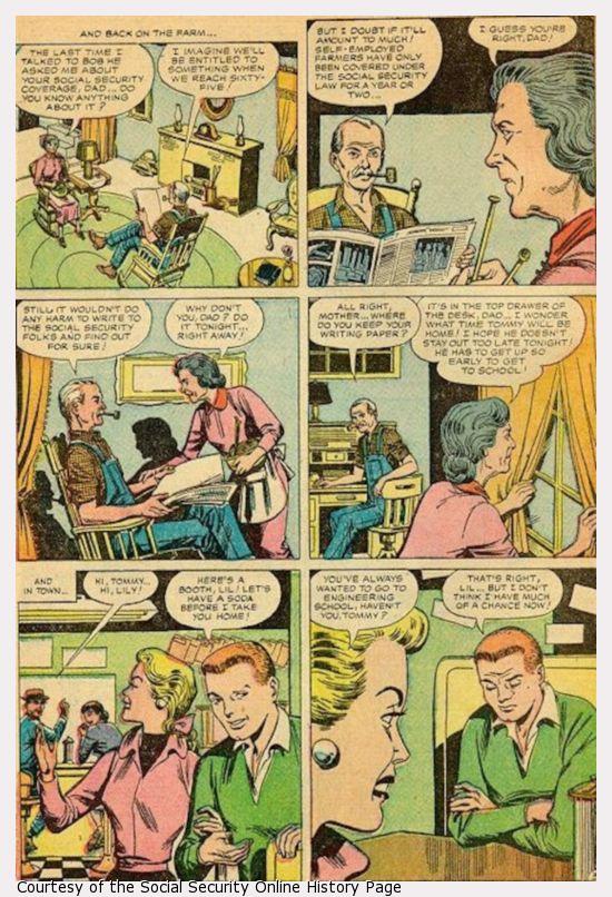 Elderly man and woman in rocking chairs talk; a younger couple discuss their future.