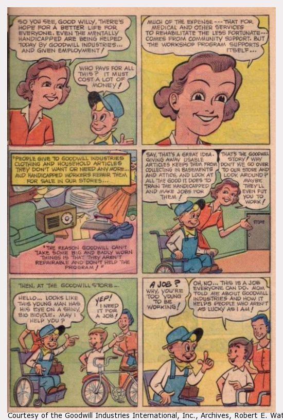Panels of the comic book, "The Will to Win." Good Willy learns more about how Goodwill Industries operates.