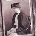Photo negative of Helen Keller's graduation portrait.