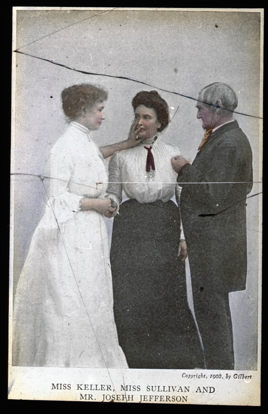 Helen Keller in lightly colored long dress, (left) Anne Sullivan in collard shirt and skirt, (center) and Jefferson in dark suit with goatee (right).