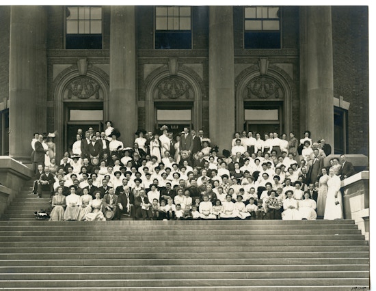 Group photograph of the American Association to Promote Teaching Speech to the Deaf Chicago School taken outdoors on the steps.