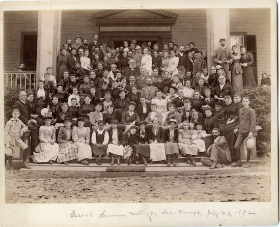 The second summer meeting for the American Association to Promote Teaching Speech to the Deaf photographed at Grosbyside Hotel Lake George.  Group of about 100 men and awomen.