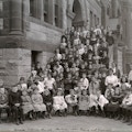 Large group portrait of students on the Horace Mann School steps.