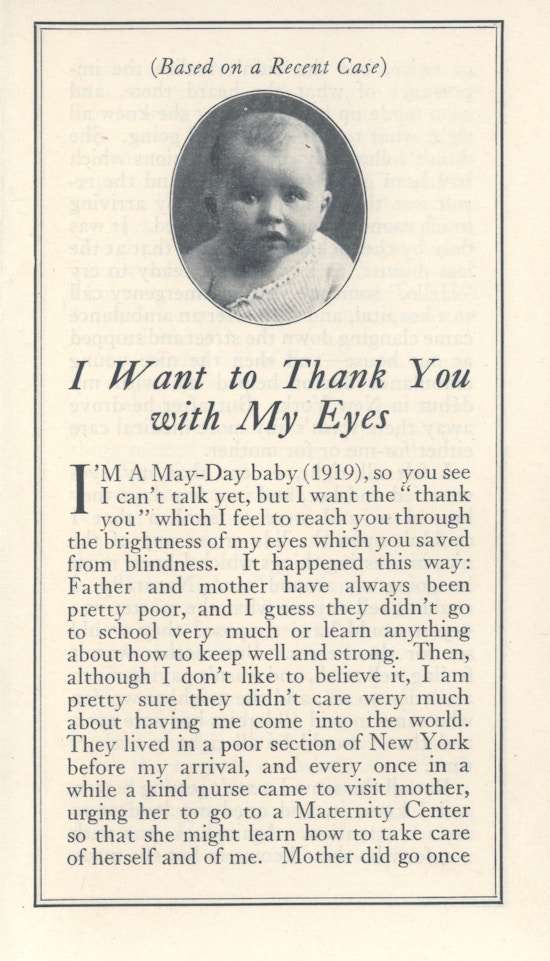 First page of "I Want to Thank You with My Eyes." Photograph of a baby above title.