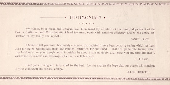 Text only, testimonials from customers of Perkins-trained piano tuners.