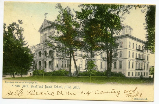 Michigan Deaf and Dumb School, Flint, Michigan. A three-story building with trees in front.