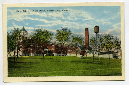 State School For The Blind, Kansas City, Kansas. A sprawling building with smokestack and water tower.