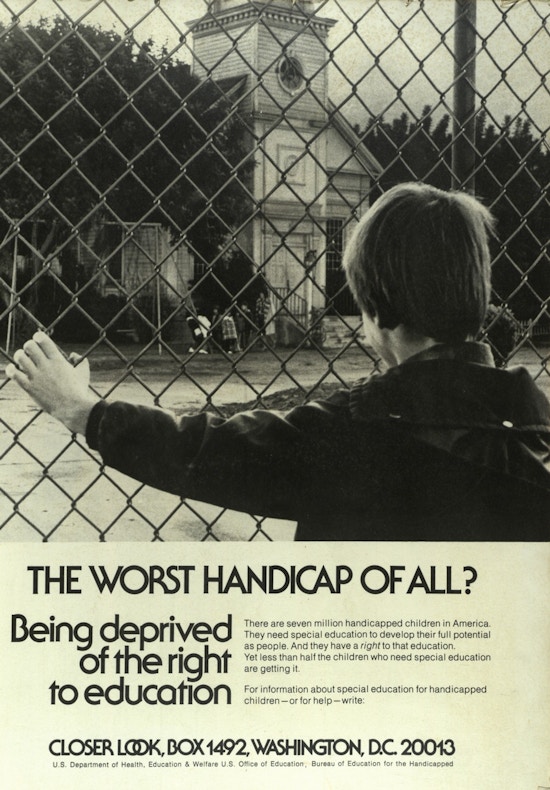 Closer Look poster, boy looking through chainlink fence at children.