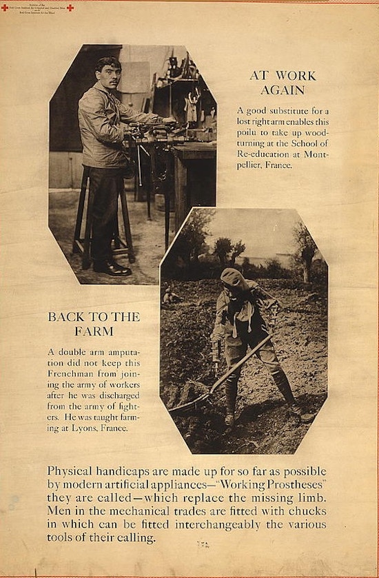 Exhibit poster showing two scenes "At work again" and "Back to the farm" in which men using "working protheses" perform manual labor in a woodworking shop and on a farm.