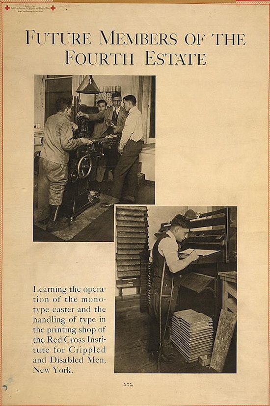Exhibit poster showing two scenes in which men with partial leg amputations are being taught to work in a printshop.