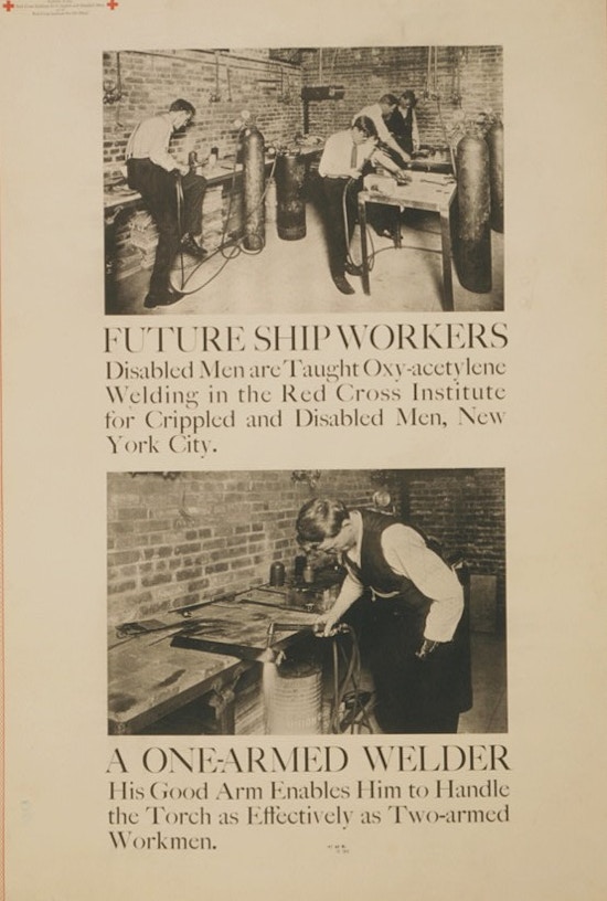 Exhibit poster showing two scenes in which men with partial arm amputations are taught welding.