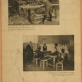 Exhibit poster showing two scenes in which disabled soldiers are being taught useful skills to enable them to find employment upon discharge from military service - Disabled Serbians working in the carpentry shop at Lyons, France ; A tailoring class in Paris taught by a one-legged instructor.