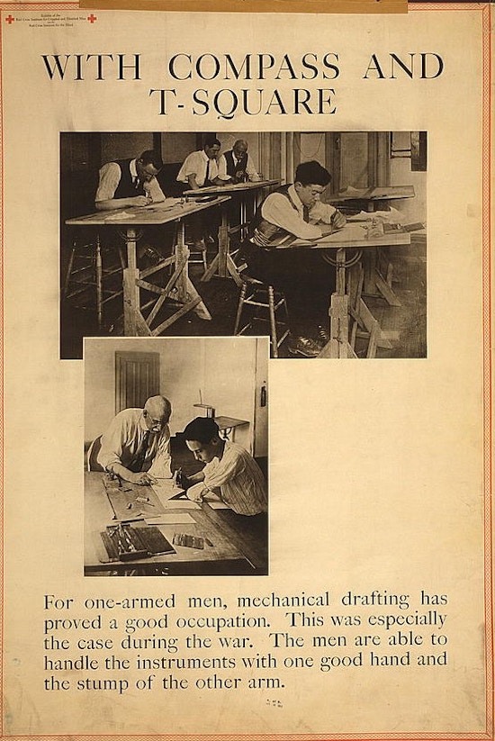 Exhibit poster showing two scenes in which men with partial arm amputations perform mechanical drafting without the need for prostheses.