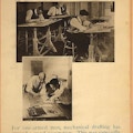 Exhibit poster showing two scenes in which men with partial arm amputations perform mechanical drafting without the need for prostheses.