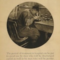 Exhibit poster showing a man recovering from war wounds at Walter Reed Hospital learning the craft of engraving.