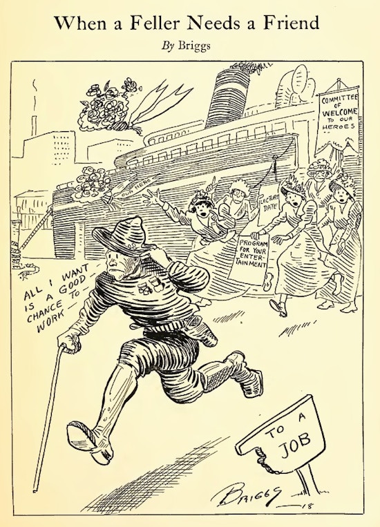 Cartoon of a soldier with a cane running from women welcoming his home.  He runs toward a job.