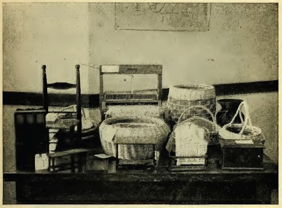Table with several baskets and wordworking products.