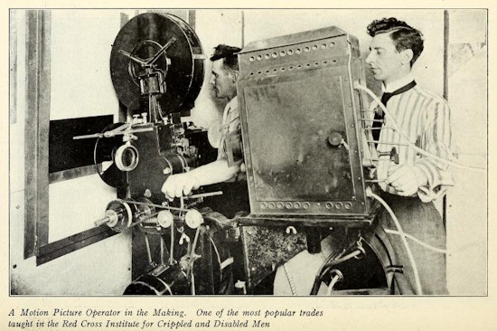 Two men using movie projection equipment.