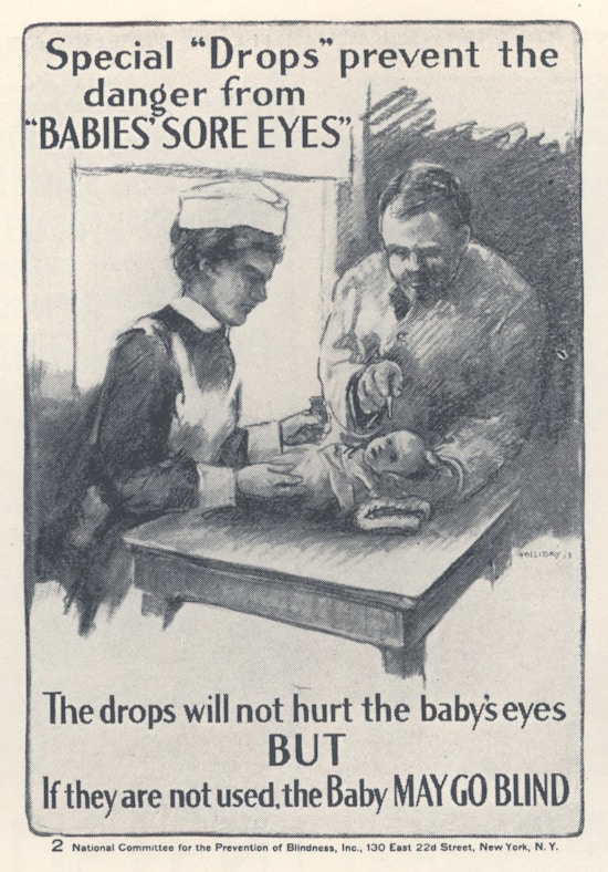 Poster with a drawing of a doctor applying eye drops into a baby's eyes, a nurse assisting.