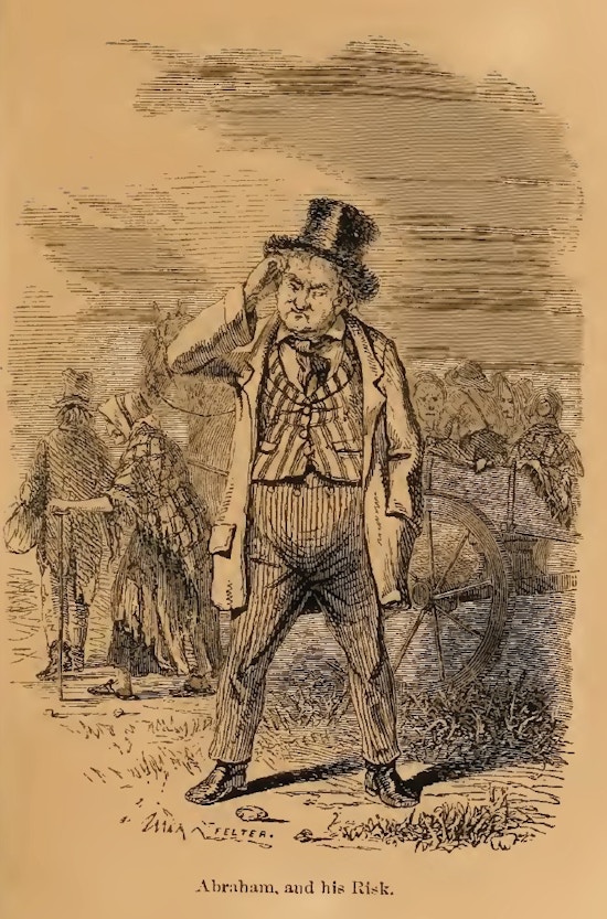 A man in a top hat scratches his head, elderly women in tatters behind him.
