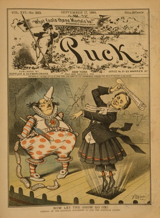 Print shows Benjamin F. Butler standing on a stage dressed as a clown, a list of nominations for the 1884 presidential election trails from his pocket: "Last ... Greenback ... Convict Party ... Tewksbury Pauper ... Women's Suffrage ... His own nomination"; next to him Belva Lockwood has emerged through a hole in the stage floor carrying over her head a scroll announcing the "Nomination for Pres. Women's Rights Party."