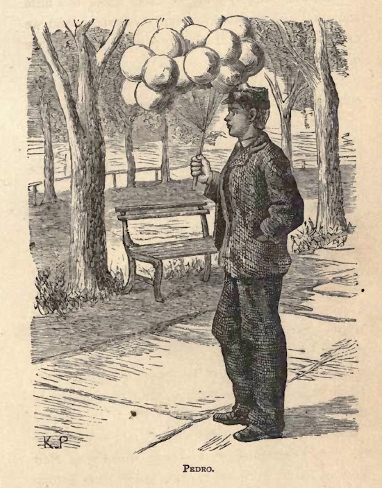 Boy sells balloons in a city park.
