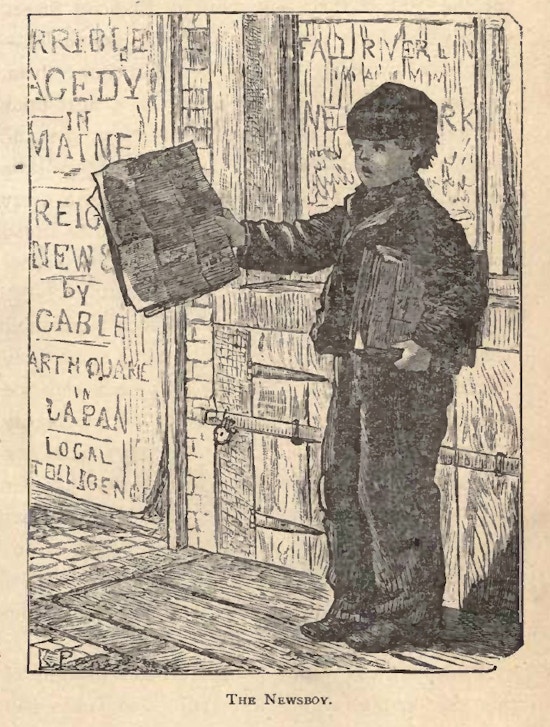 Boy sells newspapers on street, posters in background announcing news events.