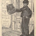 Boy sells newspapers on street, posters in background announcing news events.